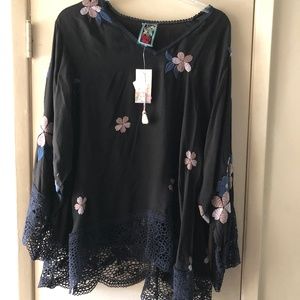 JOHNNY WAS DHALIA TOP XXL NWT'S BLACK EMBROIDERED